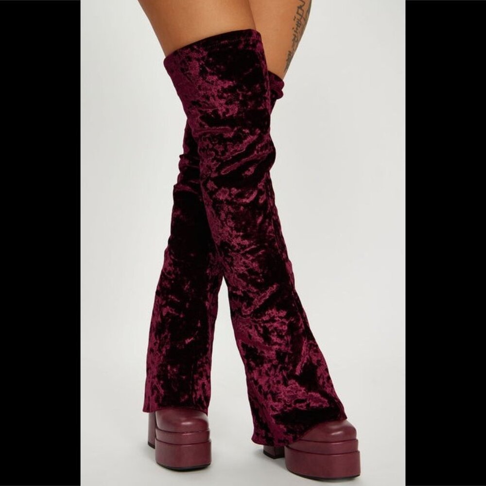Good Will Unique Thigh High Wine Red Velvet Fold over Chunky Heel Platform Boots - Picture 10 of 10